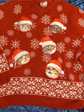 Party Sweater Men's Red Cat Santa Holiday Sweater